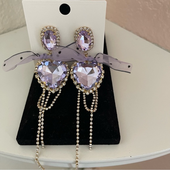 NWT Coquette Heart Shaped Crystal and Bowknot Tassel Drop Earrings in Purple. - Picture 4 of 5